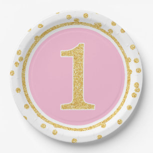 Pink Gold Faux Glitter Confetti 1st Birthday Paper Plate