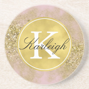 Pink Gold Faux Glitter Personalised Monogram Coaster