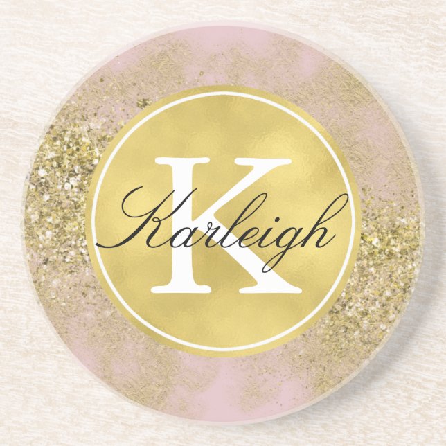 Pink Gold Faux Glitter Personalised Monogram Coaster (Front)