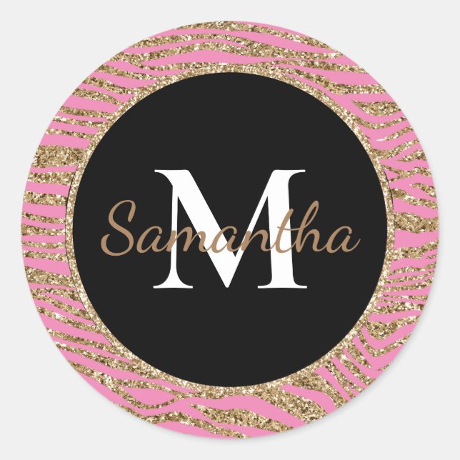 Pink Gold Faux Glitter Zebra Print Classic Round Sticker (Front)