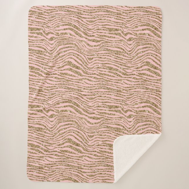 Pink Gold Faux Glitter Zebra Print Sherpa Blanket (Front)