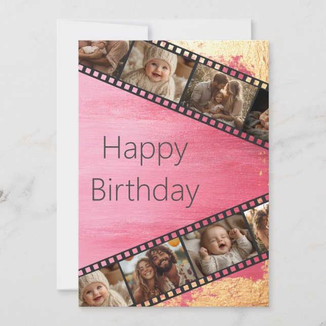 Pink & Gold Film Strip Photo Happy Birthday Card (Front)