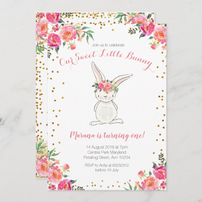 Pink gold first birthday bunny invitation (Front/Back)