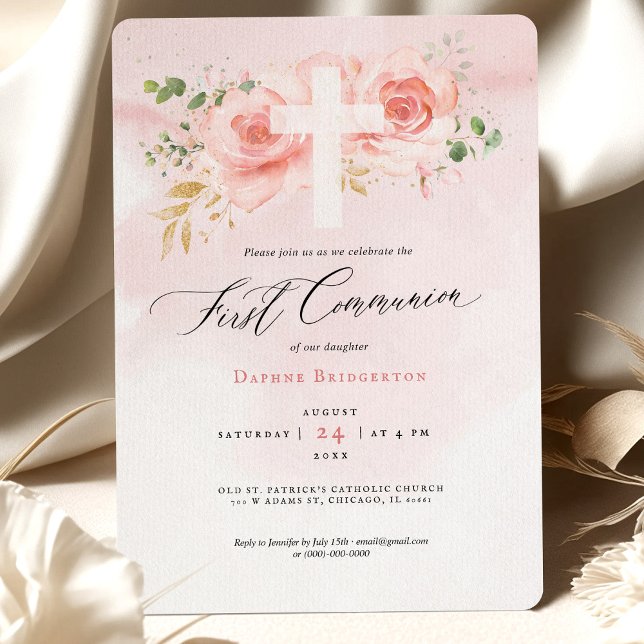 Pink & Gold First Communion Invitation Roses (Creator Uploaded)