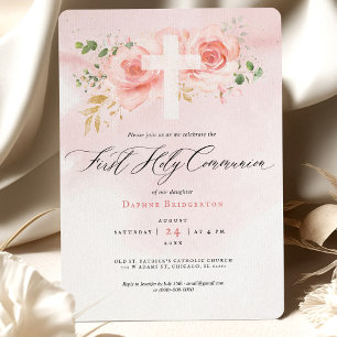 Pink & Gold First Holy Communion Invitation Roses