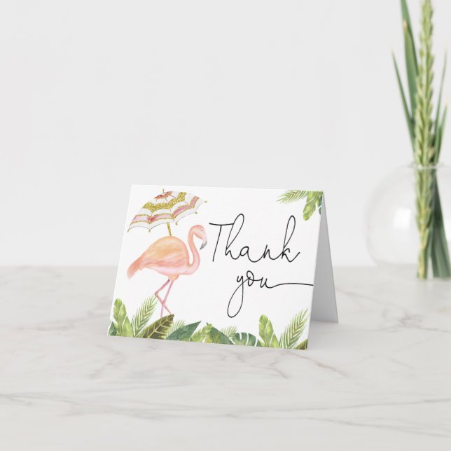 Pink gold flamingo greenery tropical leaves thank you card (Front)