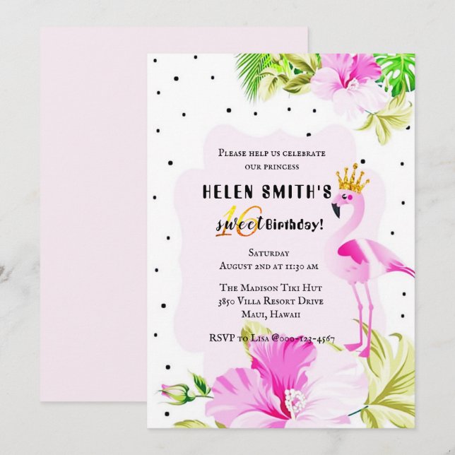 Pink Gold Flamingo Princess Tropic Sweet 16 Invitation (Front/Back)
