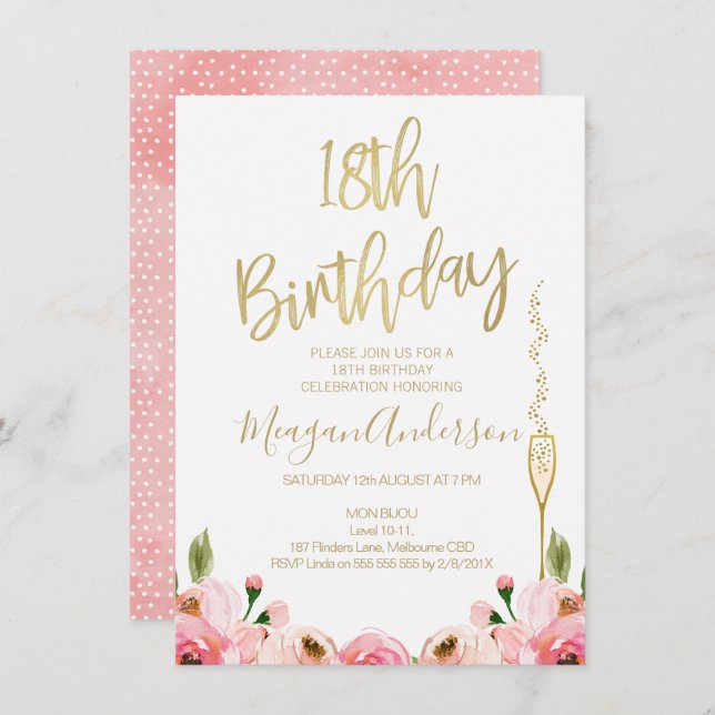 Pink Gold Floral 18th birthday invitation (Front/Back)