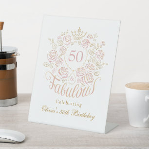 Pink & Gold Floral 50 & Fabulous Birthday Welcome Pedestal Sign