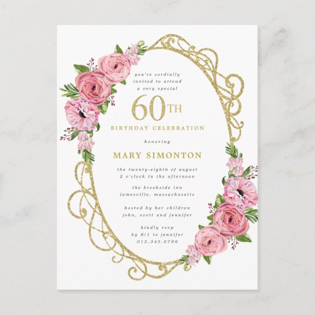 Pink Gold Floral 60th Invitation Postcard (Front)