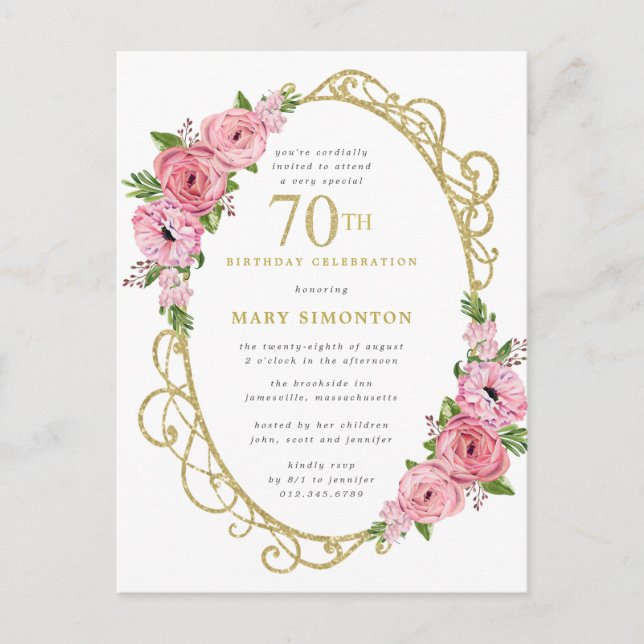 Pink Gold Floral 70th Birthday Invitation Postcard (Front)