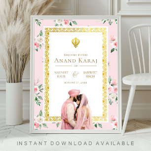 Pink Gold Floral Anand Karaj Wedding Welcome Sign 