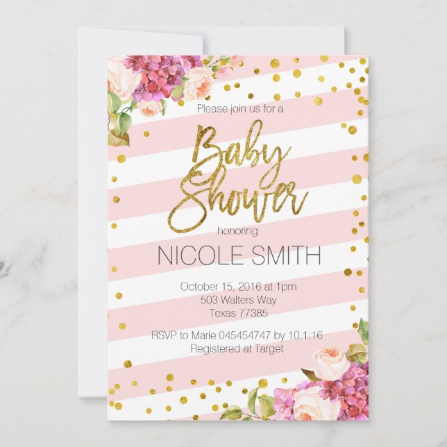 Pink Gold Floral baby shower invitation (Front)