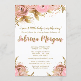 Pink Gold Floral Baby Shower invitation Blush Gold