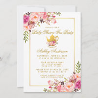 Pink Gold Floral Baby Shower Tea Party Invite