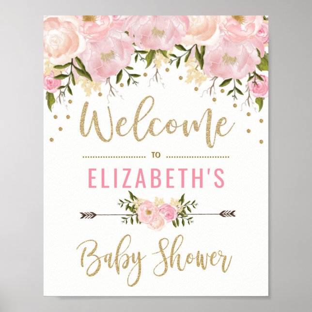 Pink & Gold Floral Baby Shower Welcome Sign Decor (Front)