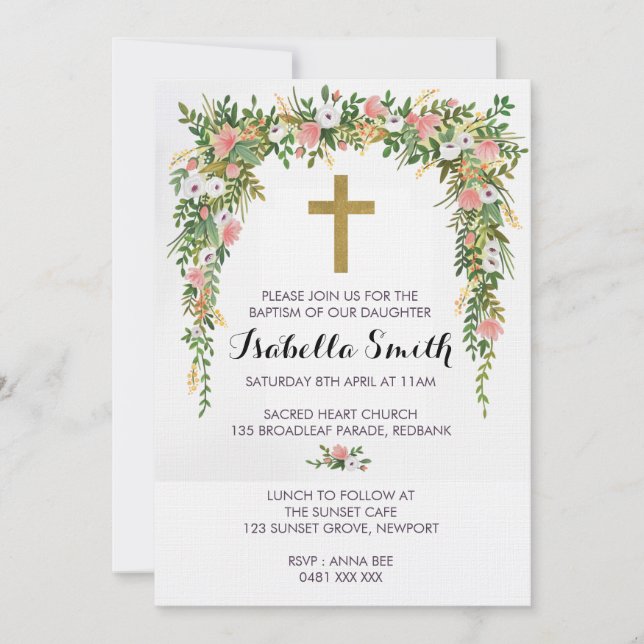 Pink Gold floral Baptism / Christening Invitation (Front)