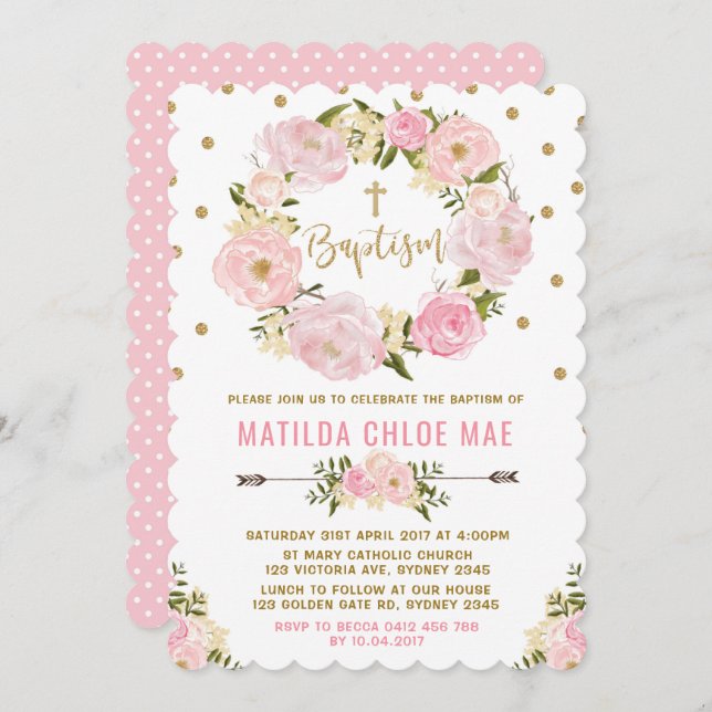 Pink Gold Floral Baptism Christening Invitation (Front/Back)