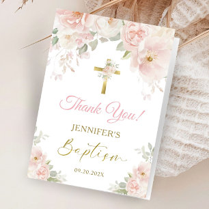 Pink Gold Floral Baptism Folded Thank You Cards