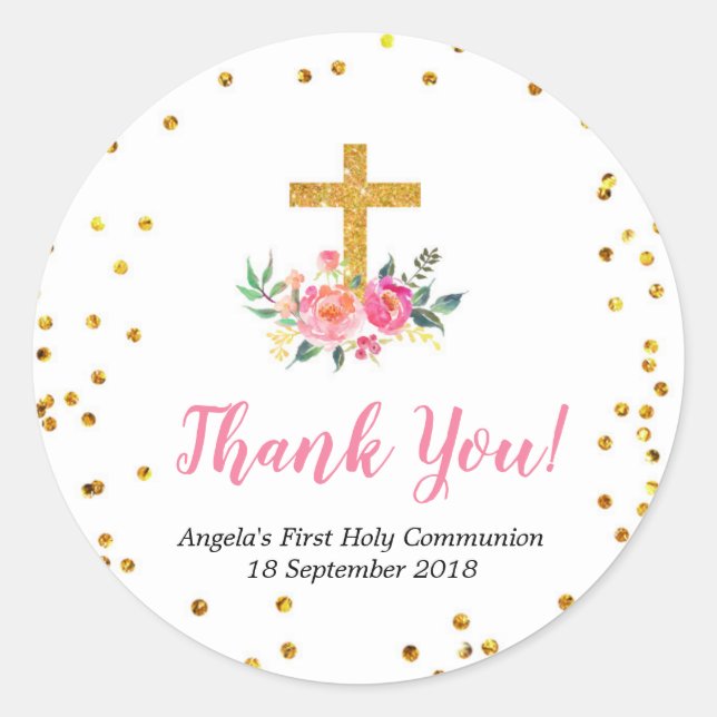 Pink Gold Floral Baptism Thank You Sticker (Front)