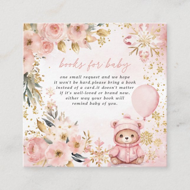 Pink Gold Floral Bear Baby Shower Books for Baby Enclosure Card (Front)