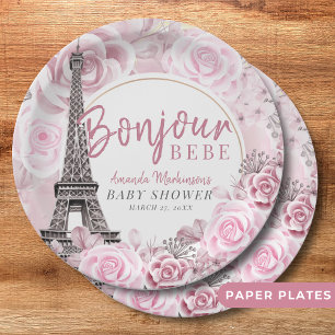 Pink Gold Floral Bonjour Bebe Baby Shower Paper Plate