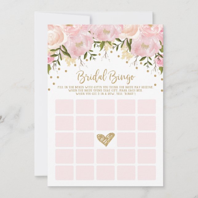 Pink Gold Floral Bridal Shower Bingo Game (Front)
