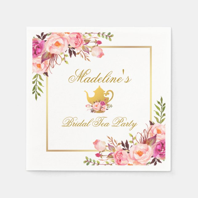 Pink Gold Floral Bridal Shower Tea Party Napkin (Front)
