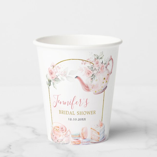 Pink Gold Floral Bridal Shower Tea Party Paper Cups (Front)