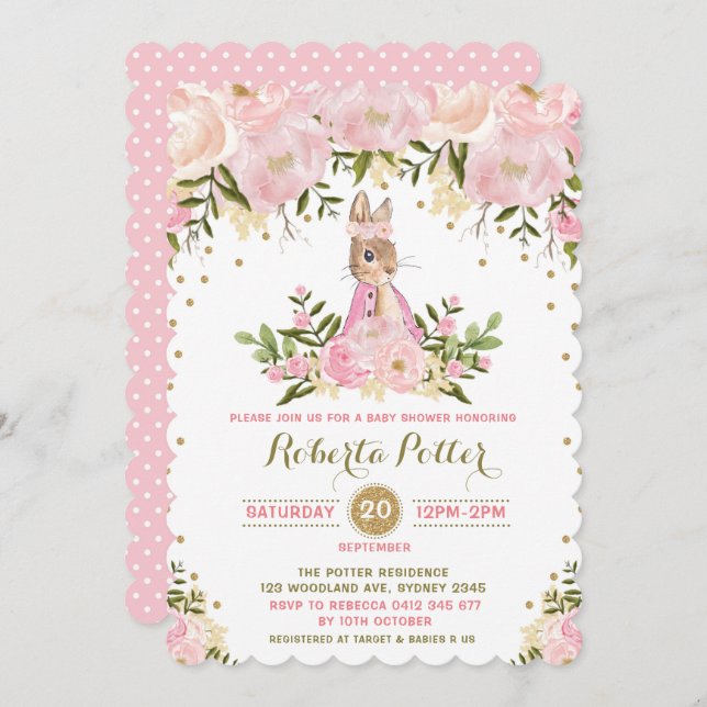 Pink Gold Floral Bunny Rabbit Baby Shower Invite (Front/Back)
