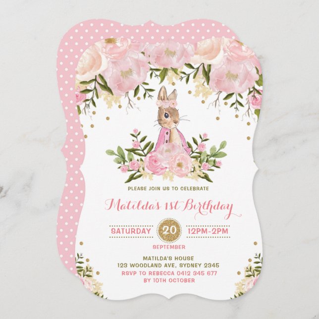 Pink Gold Floral Bunny Rabbit Birthday Invitation (Front/Back)
