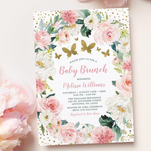 Pink Gold Floral Butterfly Girl Baby Shower Brunch Invitation (Creator Uploaded)