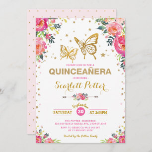 Pink Gold Floral Butterfly Quinceañera Birthday Invitation