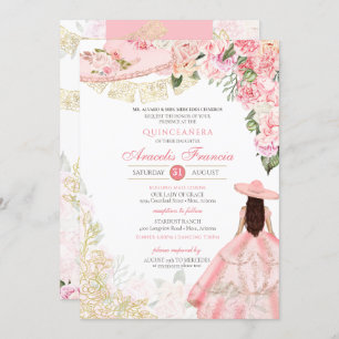 Pink & Gold Floral Charra Western Quinceanera Invitation
