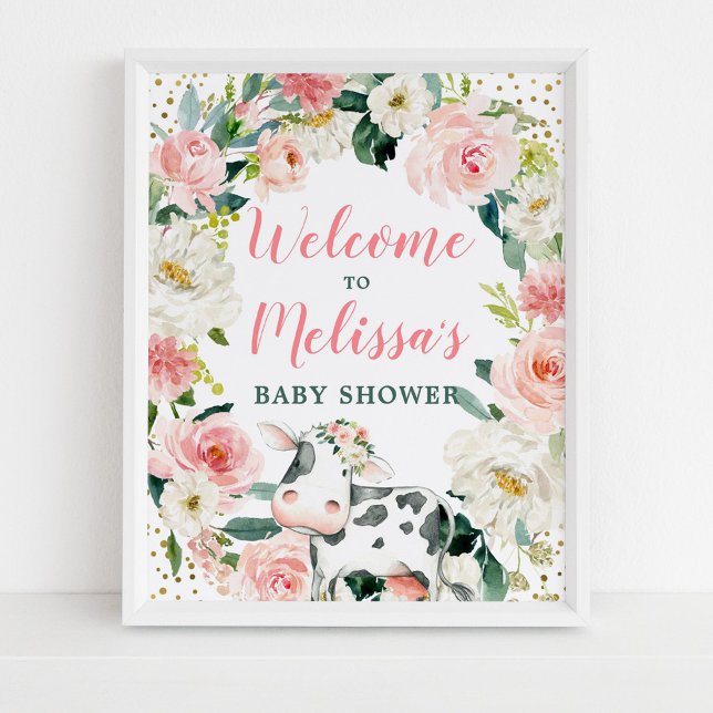 Pink Gold Floral Cow Girl Baby Shower Welcome Poster (Creator Uploaded)