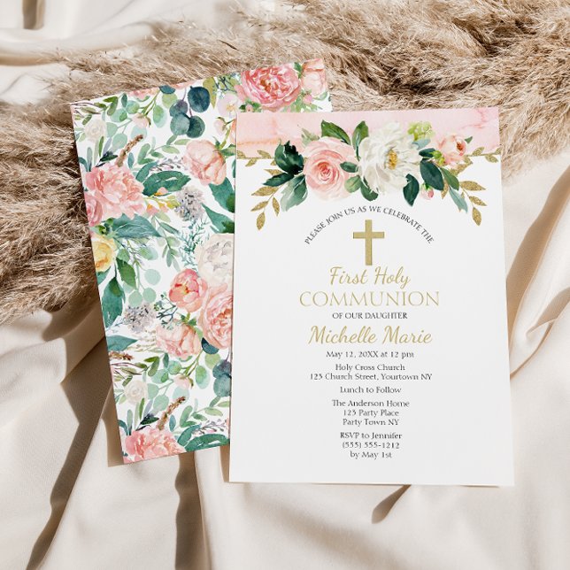 Pink Gold Floral Cross First Holy Communion Girl Invitation (Creator Uploaded)