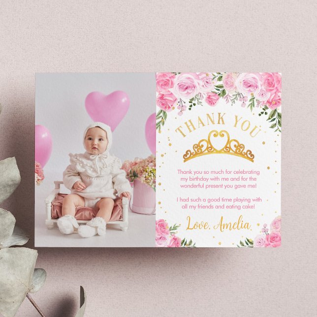 Pink Gold Floral Crow Princess Birthday Thank You Card (Creator Uploaded)