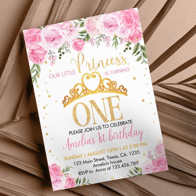 Pink Gold Floral Crown Princess 1st Birthday Invitation (Creator Uploaded)