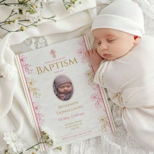 Pink Gold Floral Custom Photo Baptism Invitation