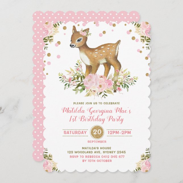 Pink Gold Floral Deer First Birthday Invitation (Front/Back)