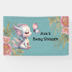 Pink Gold Floral Dragon Butterfly Girl Baby Shower Banner