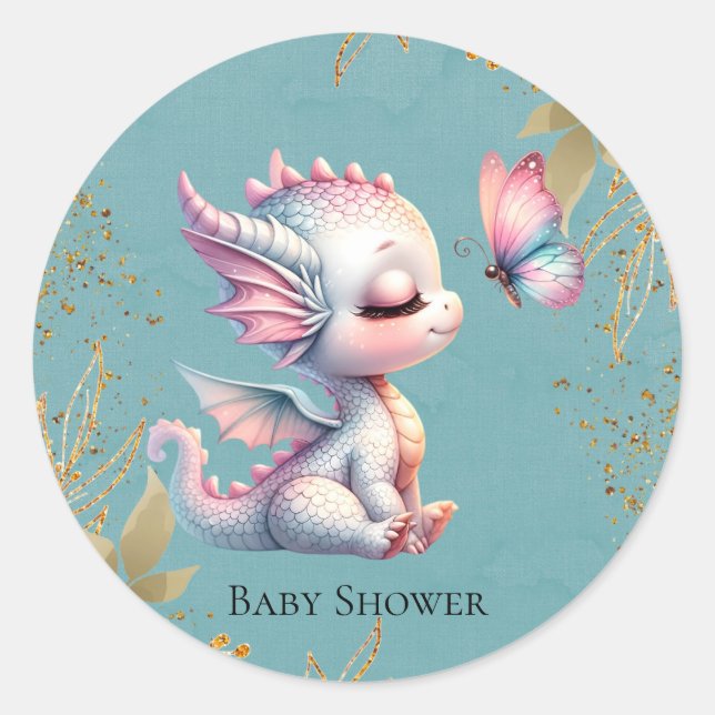 Pink Gold Floral Dragon Butterfly Girl Baby Shower Classic Round Sticker (Front)