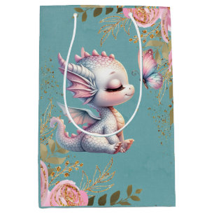 Pink Gold Floral Dragon Butterfly Girl Baby Shower Medium Gift Bag