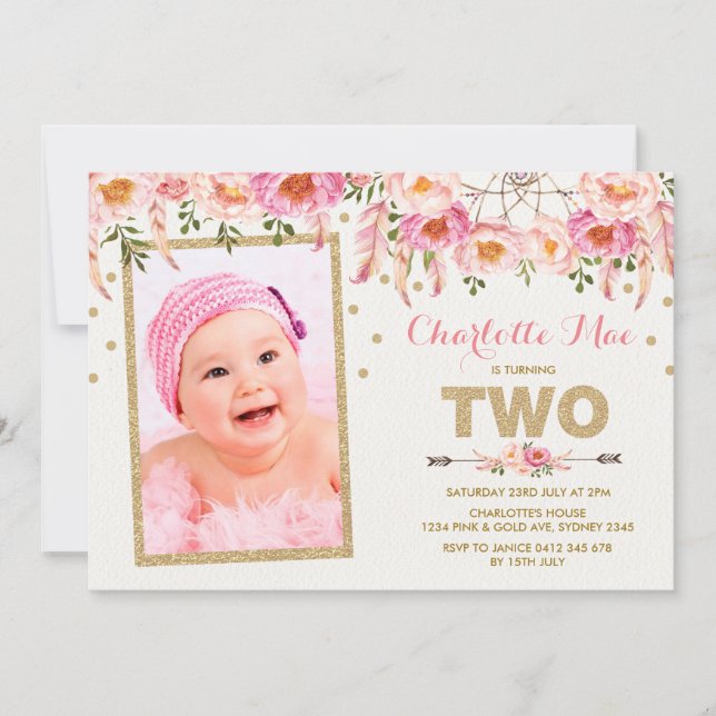Pink Gold Floral Dreamcatcher 2nd Birthday Invite (Front)