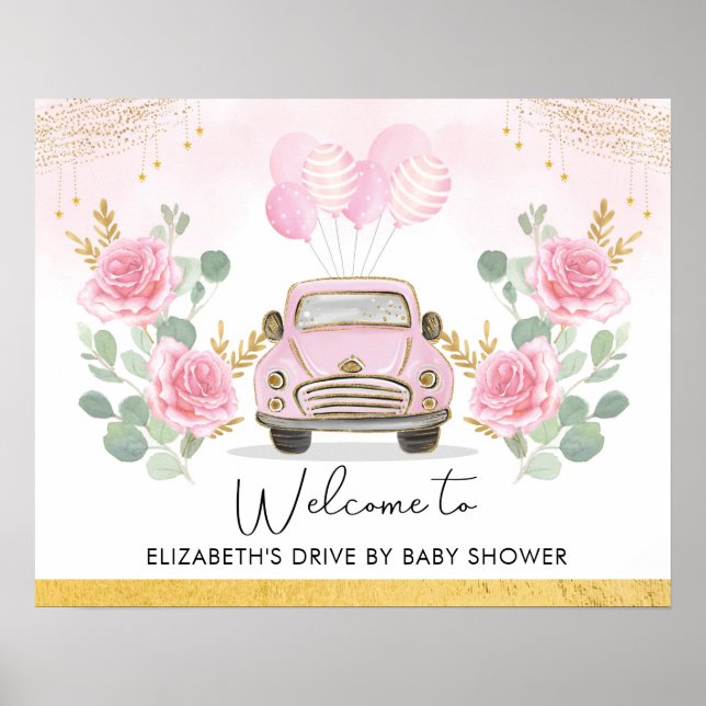Pink Gold Floral Drive By Baby Shower Welcome Poster (Front)