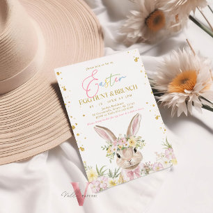 Pink Gold Floral Easter Egg Hunt & Brunch Bunny Invitation
