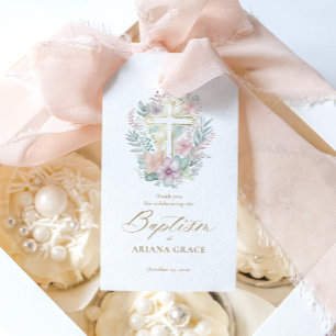 Pink Gold Floral Elegant Watercolor Cross Baptism Gift Tags