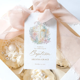 Pink Gold Floral Elegant Watercolor Cross Baptism Gift Tags