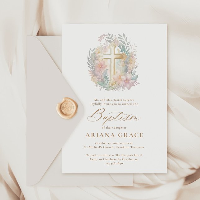Pink Gold Floral Elegant Watercolor Cross Baptism Invitation (Creator Uploaded)