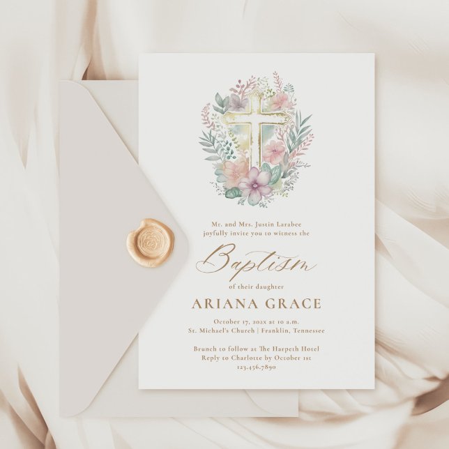 Pink Gold Floral Elegant Watercolor Cross Baptism Invitation (Creator Uploaded)